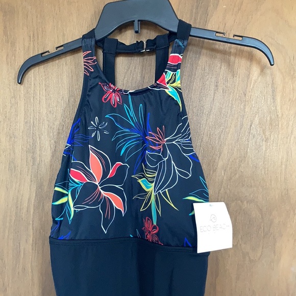 Relisted Ecobeach one piece high neck black w floral printed swimsuit S L XL - Picture 5 of 13